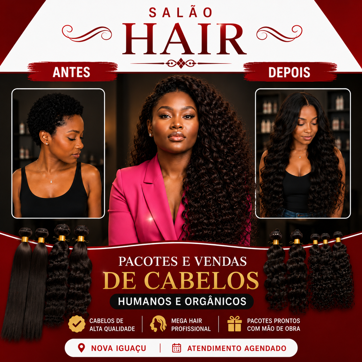 Mulher negra com cabelos longos e brilhantes — campanha premium de mega hair